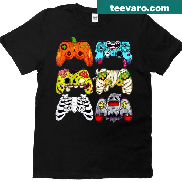 Funny Halloween skeleton zombie gamers with controllers graphic T-shirt