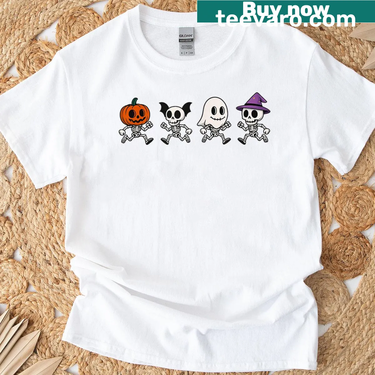 Halloween-themed t-shirt with skeletons, pumpkins, and ghosts — on a men's t-shirt