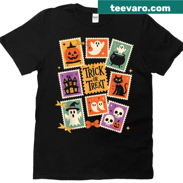 Halloween-themed stamps of pumpkin, ghost, cat, and witch on t-shirt