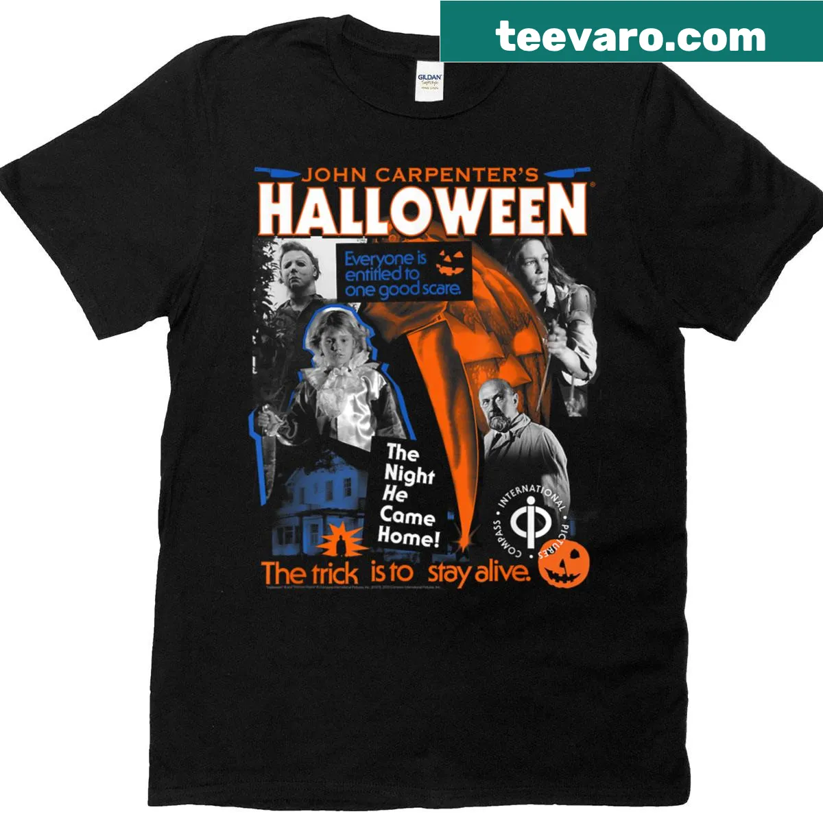 Retro Halloween collage featuring classic horror movie images and text — on a men's t-shirt