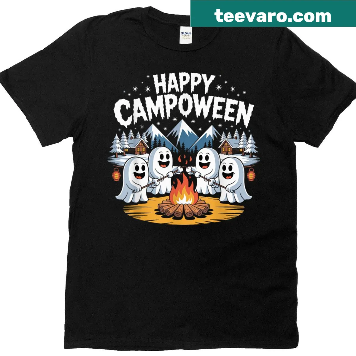 Fun camping-themed graphic with pumpkins and ghosts for Halloween — on a men's t-shirt