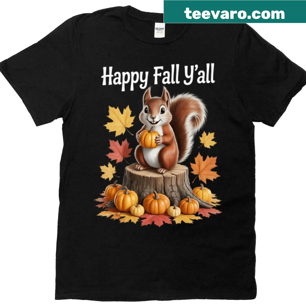 Charming squirrel and pumpkin illustration for fall — on a men's t-shirt