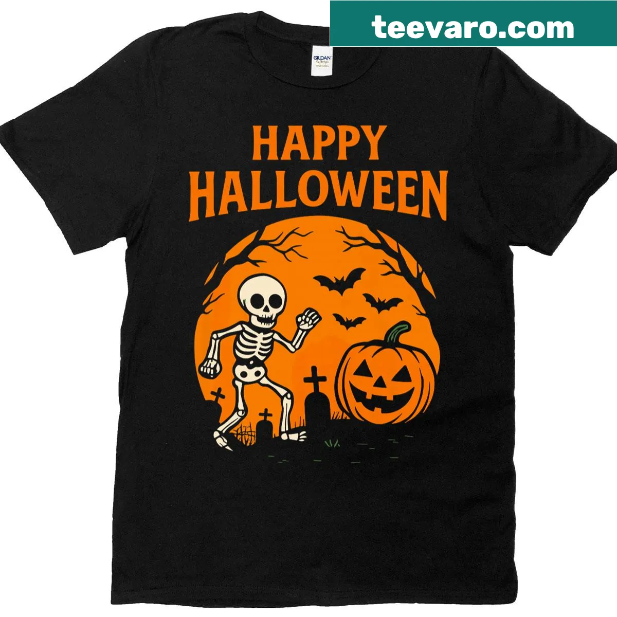 Illustrated skeletons and pumpkins in a graveyard on T-shirt — on a men's t-shirt
