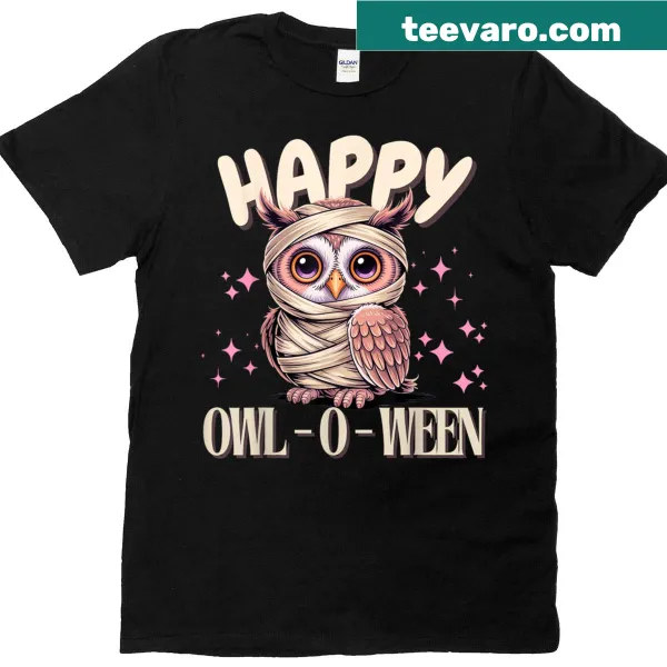 Cute mummy owl graphic for kids on Halloween shirt