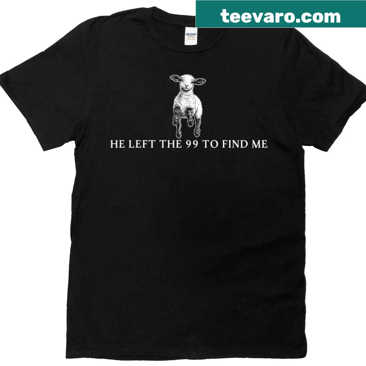 Whimsical sheep graphic with funny Christian text on T-shirt — on a men's t-shirt