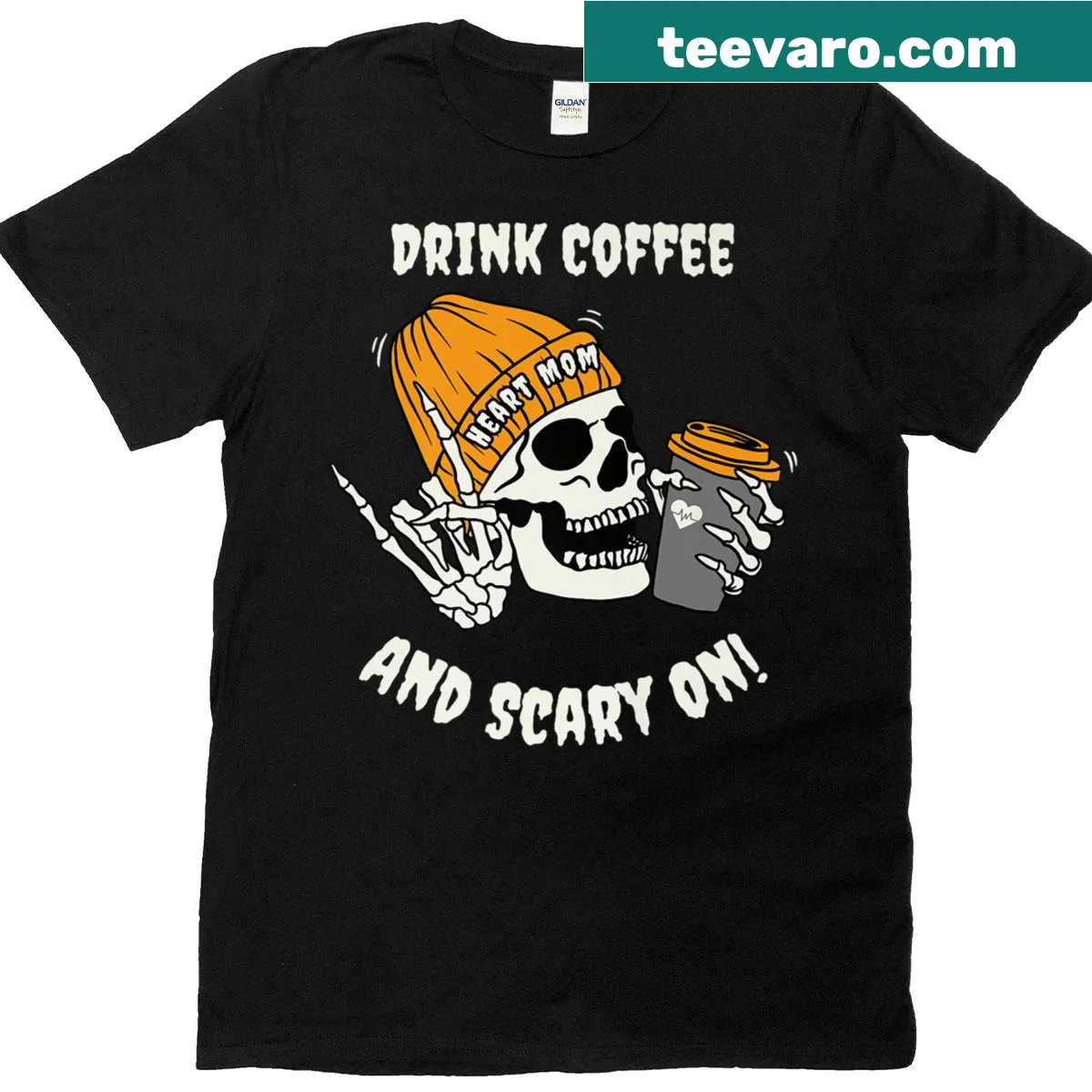 Halloween-themed shirt for moms with coffee and heart design — on a men's t-shirt
