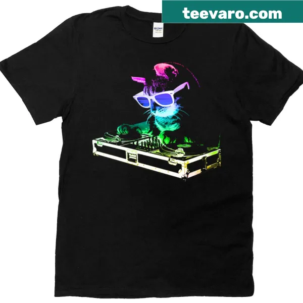 Funny DJ cat with rainbow illustration t-shirt design