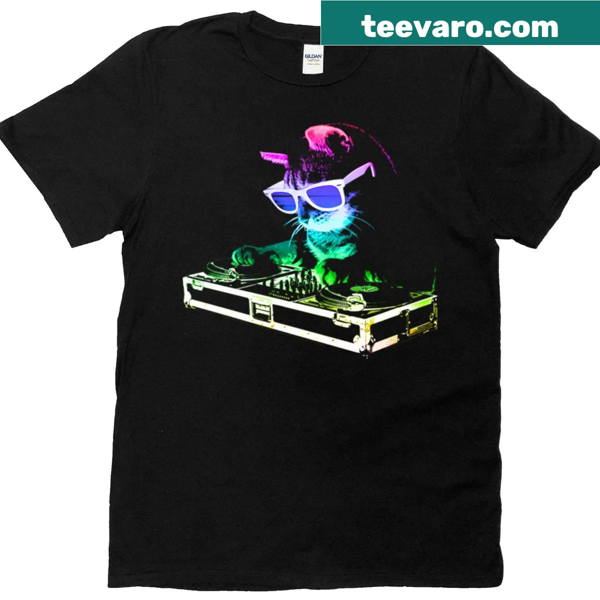 Funny DJ cat with rainbow illustration t-shirt design — on a men's t-shirt