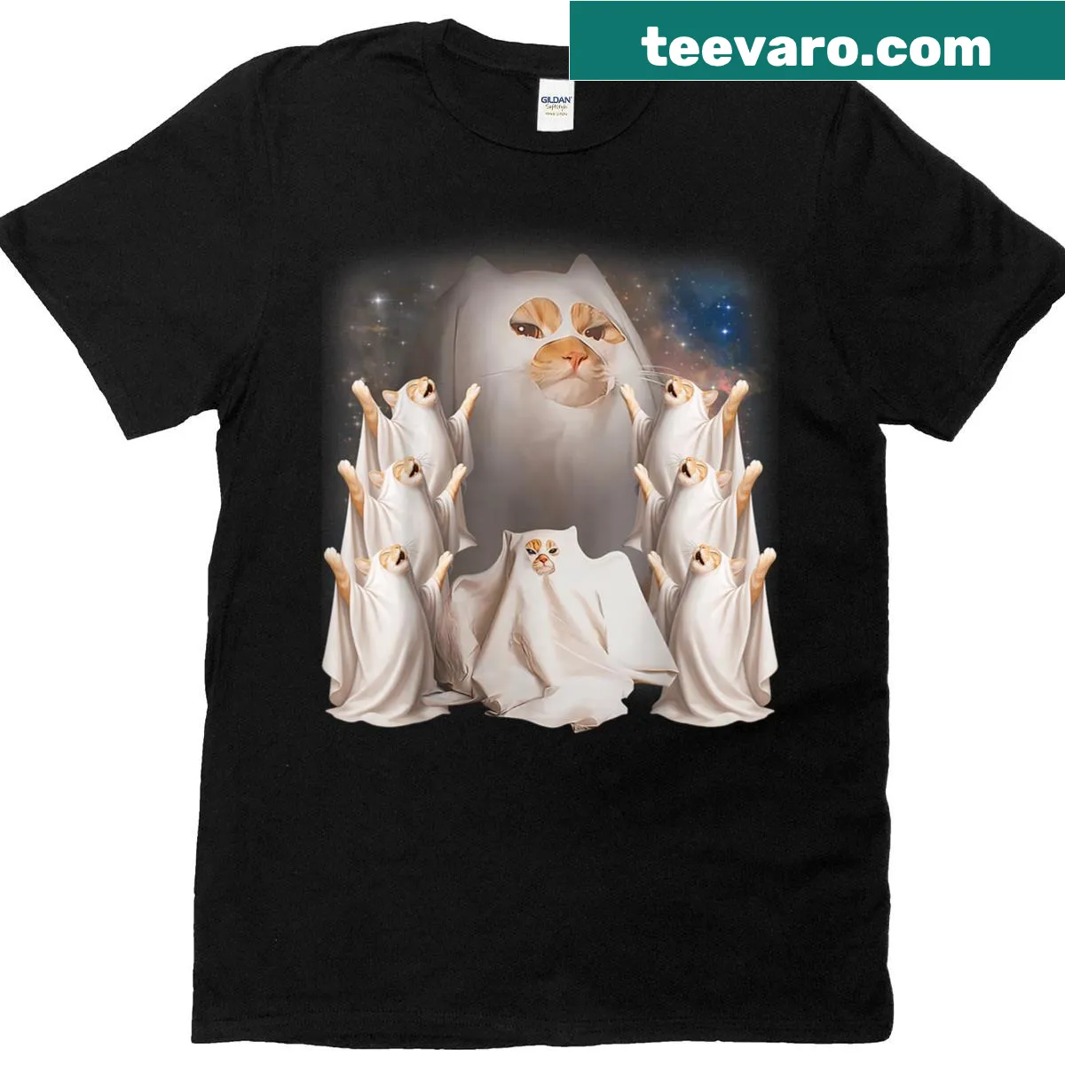 Funny Halloween t-shirt with a giant ghost cat meme illustration — on a men's t-shirt