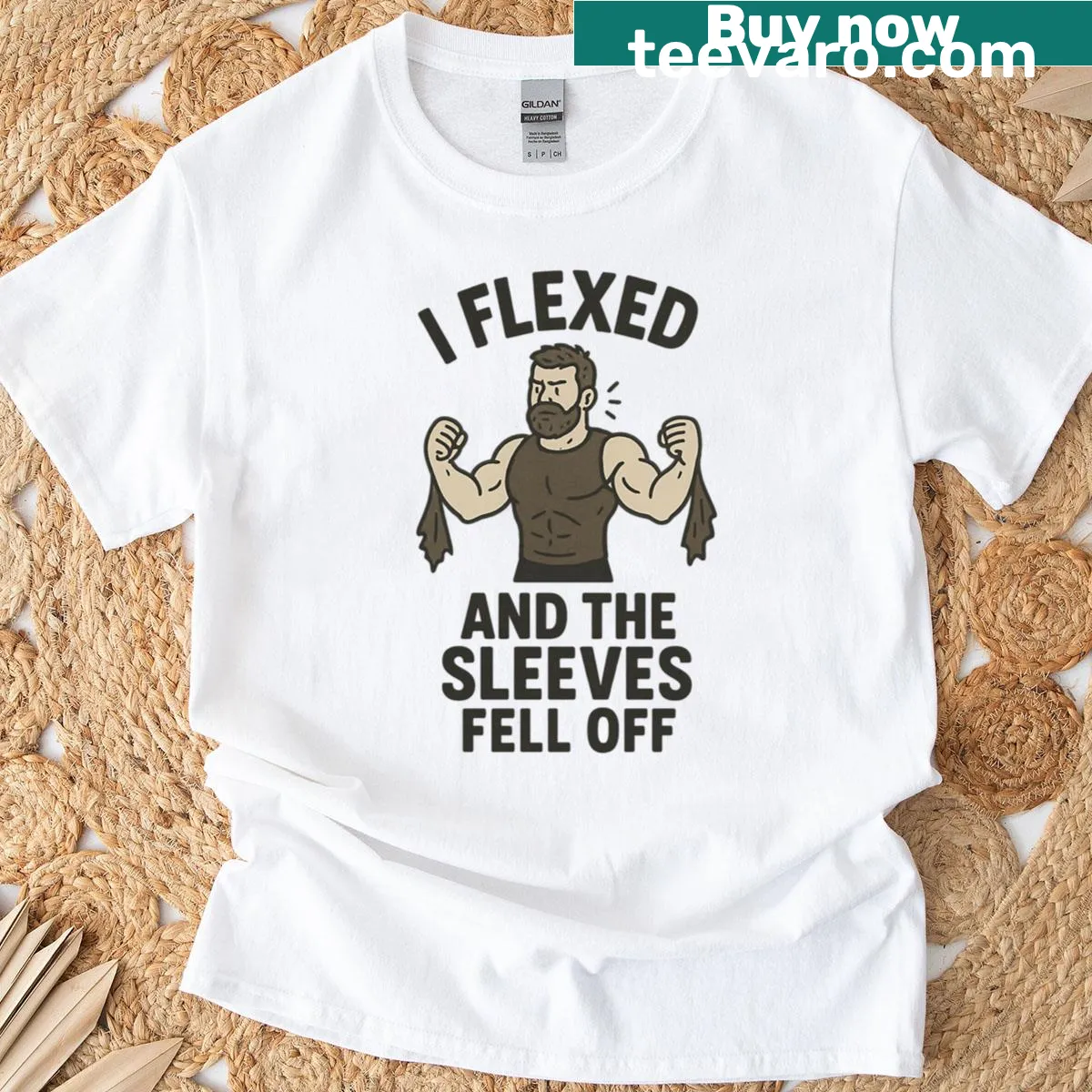 Funny muscle t-shirt with the phrase 'I Flexed And The Sleeves Fell Off' printed large — on a men's t-shirt