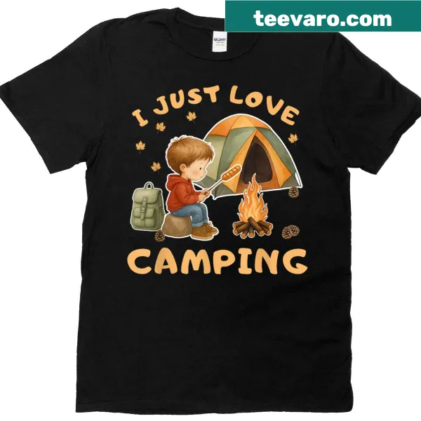 Toddler camping t-shirt featuring a campfire and tent illustration