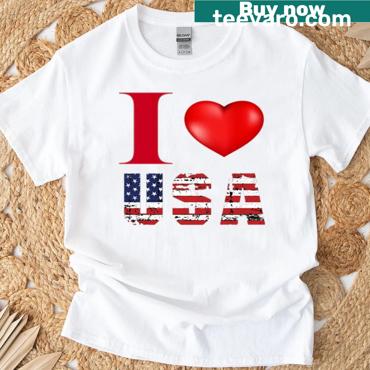 Patriotic t-shirt with 'I Love USA' text graphic — on a men's t-shirt
