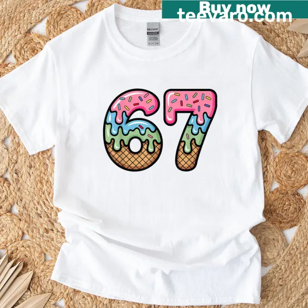 Funny ice cream drip cartoon graphic on a t-shirt.