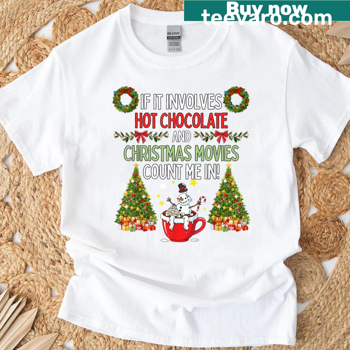 Typographic shirt celebrating hot chocolate and Christmas movies — on a men's t-shirt