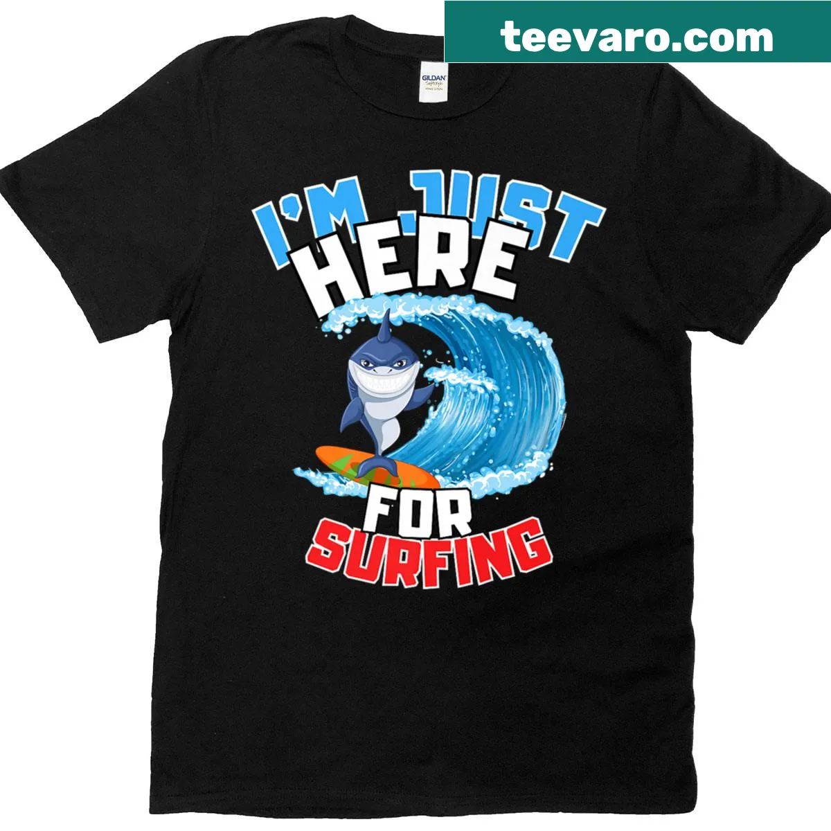Surfing quote t-shirt with text: I'm Just Here For Surfing — on a men's t-shirt