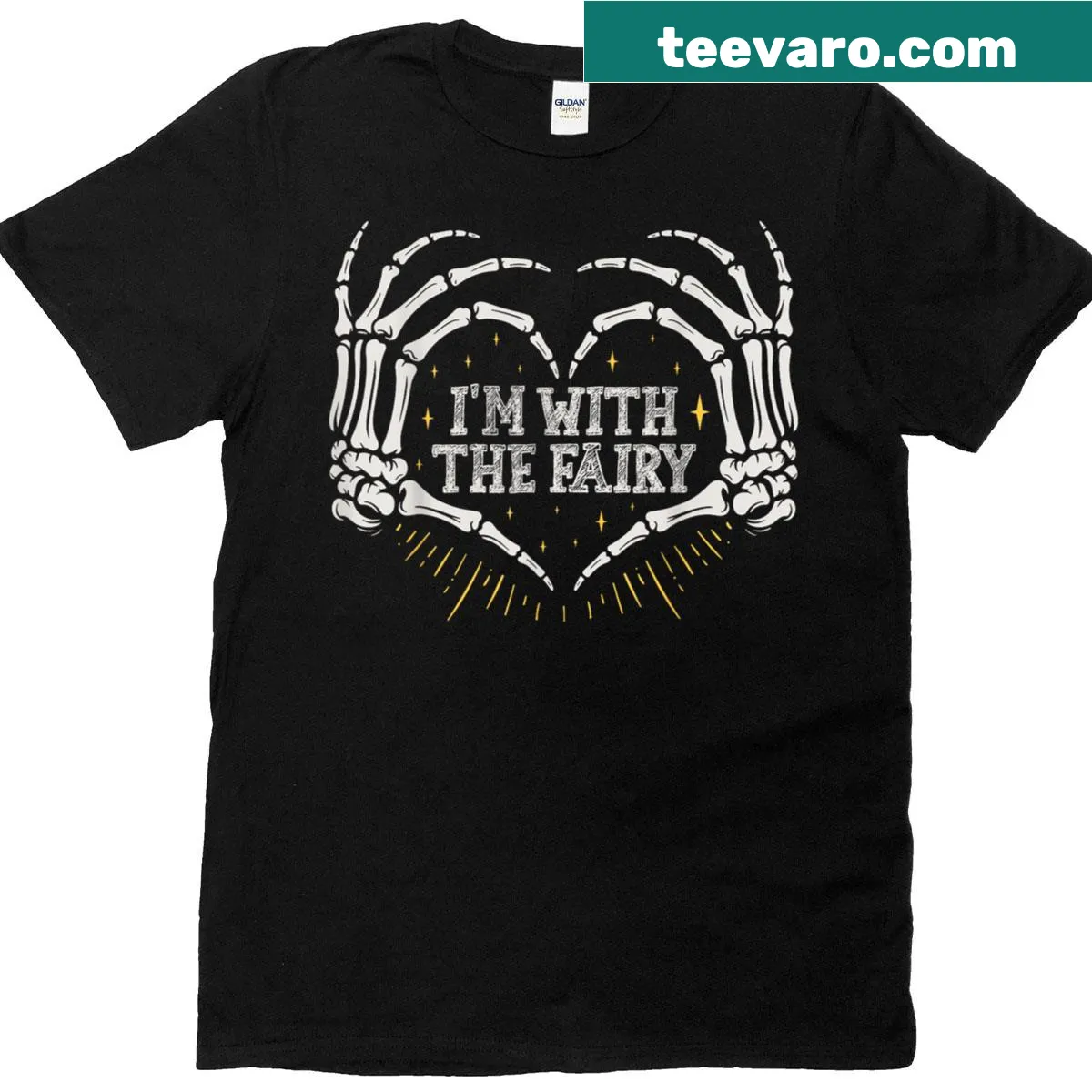 Couples matching Halloween t-shirt with the phrase 'I'm With The Fairy' — on a men's t-shirt