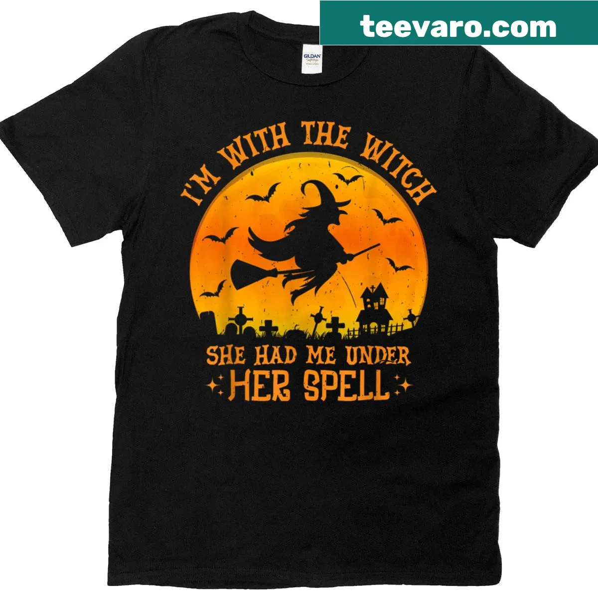 Playful Halloween design with witch-themed text — on a men's t-shirt