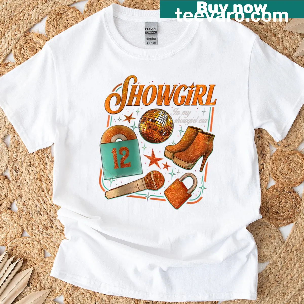 Showgirl era themed t-shirt with engaging typography — on a men's t-shirt