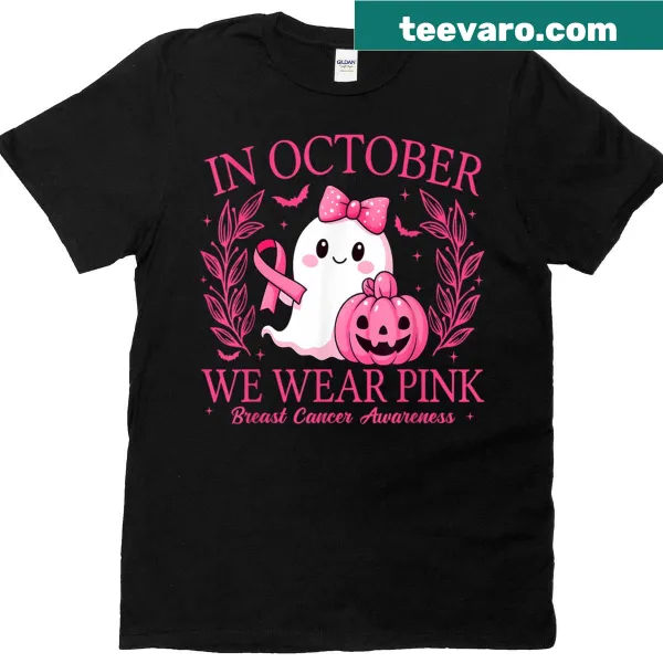 Breast cancer awareness-themed Halloween t-shirt with pink graphics