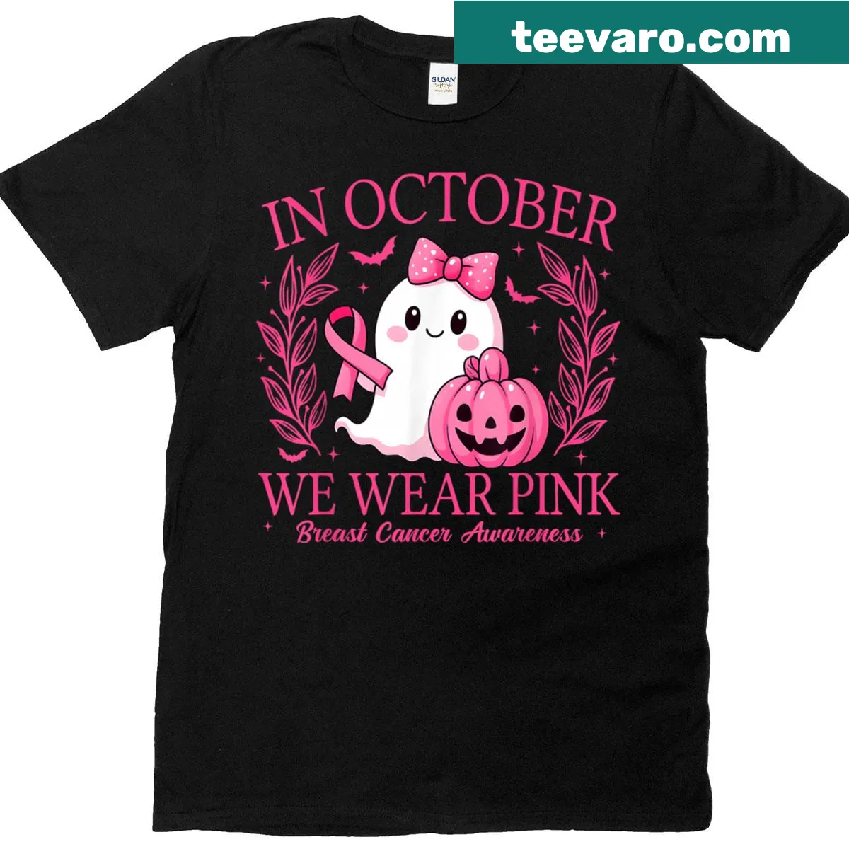 Breast cancer awareness-themed Halloween t-shirt with pink graphics — on a men's t-shirt