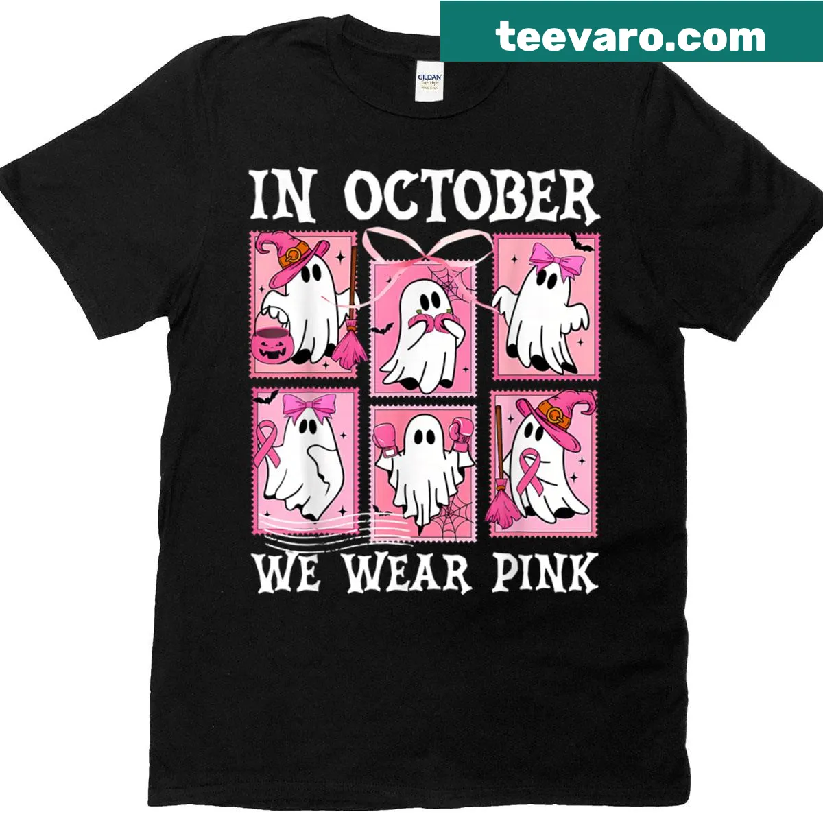 Pink ghost Halloween T-shirt supporting breast cancer awareness — on a men's t-shirt
