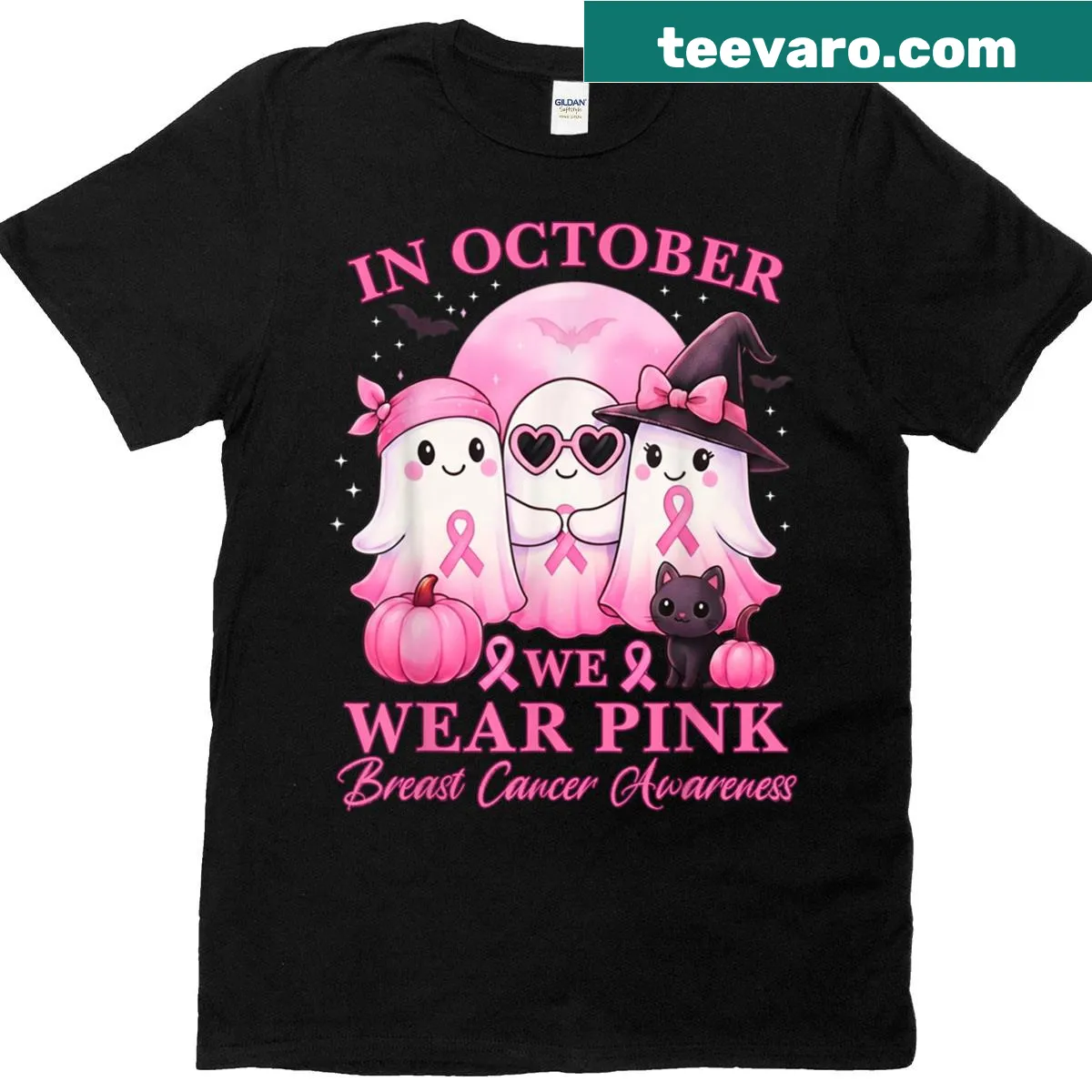 Ghost-themed breast cancer awareness t-shirt with pink accents — on a men's t-shirt