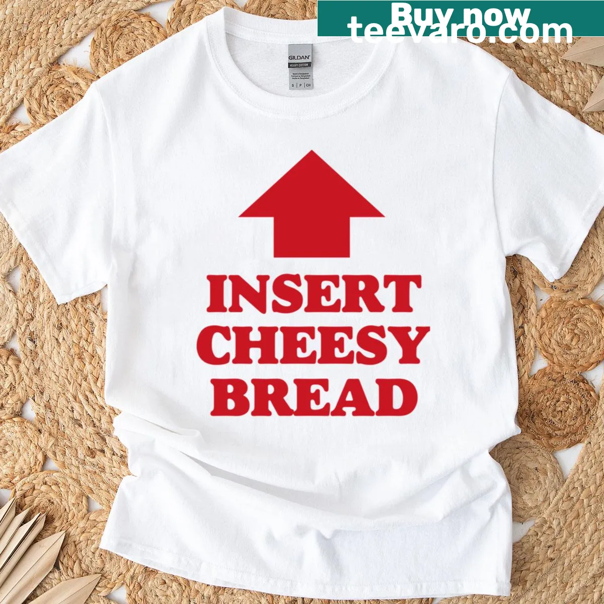 Humorous t-shirt featuring playful text about cheesy bread — on a men's t-shirt