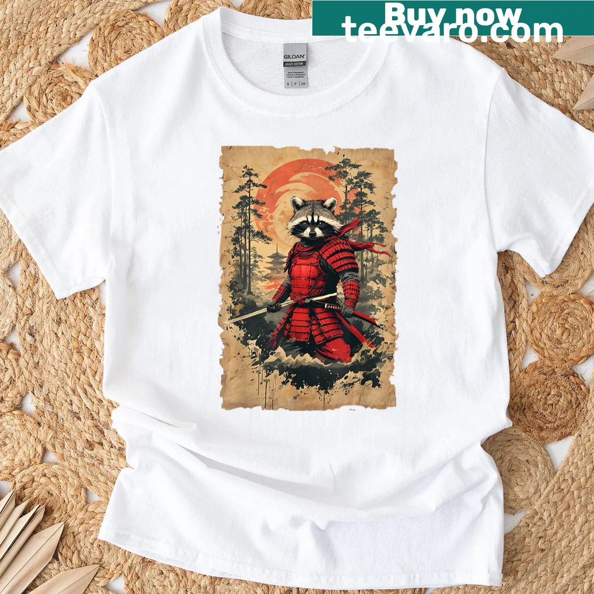 Vintage graphic t-shirt featuring a samurai raccoon warrior — on a men's t-shirt
