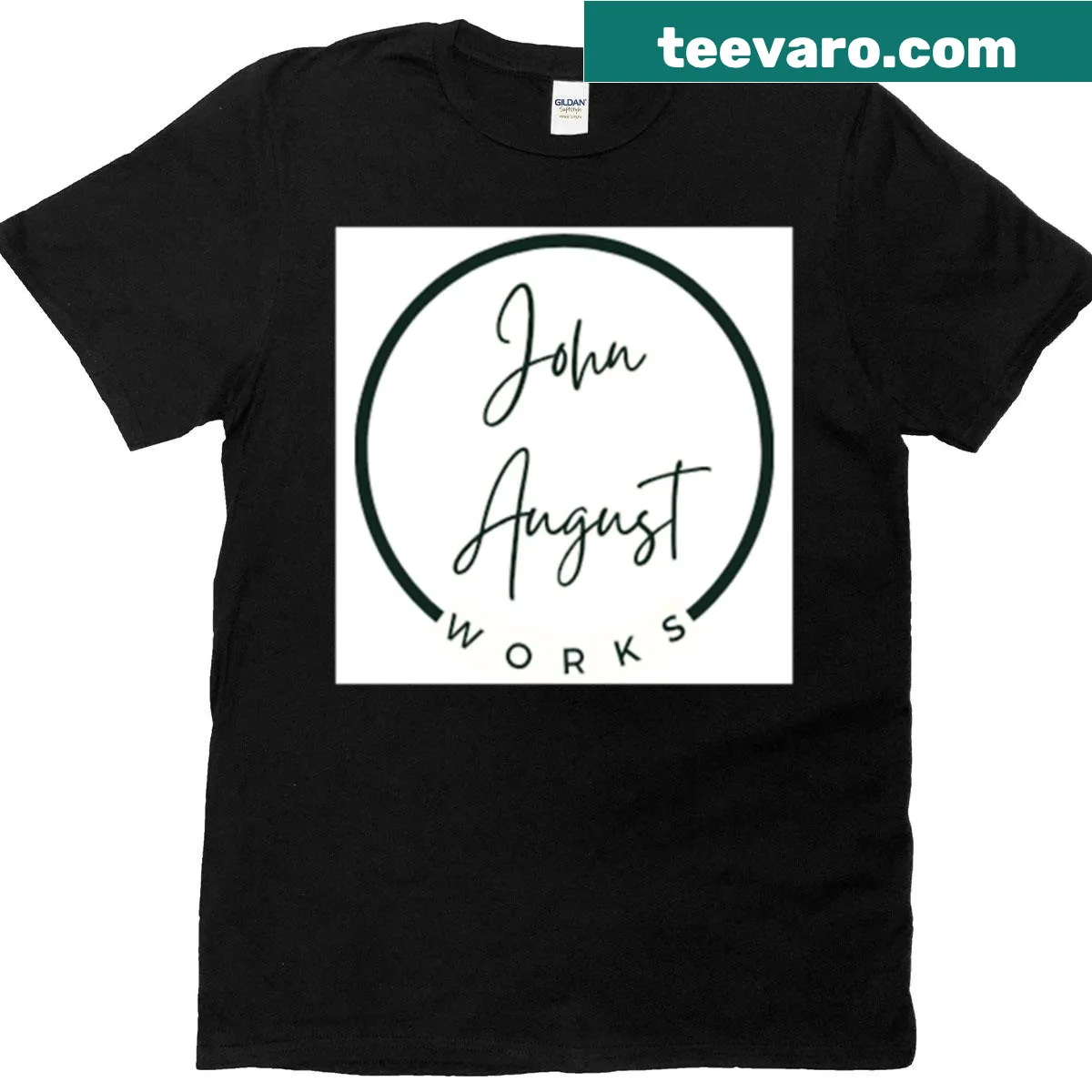 T-shirt with the phrase 'John August Works' promoting craftsmanship — on a men's t-shirt
