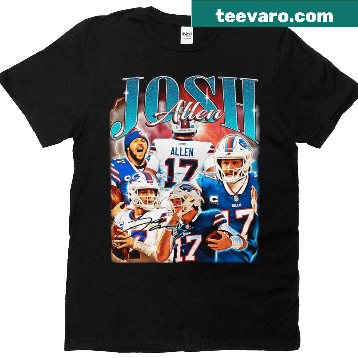 Vintage Josh Allen 17 t-shirt featuring retro-style graphics — on a men's t-shirt
