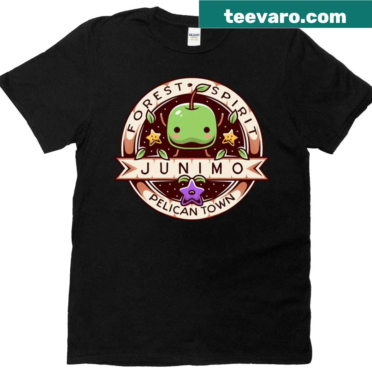 Illustrative Junimo forest spirits on a t-shirt — on a men's t-shirt