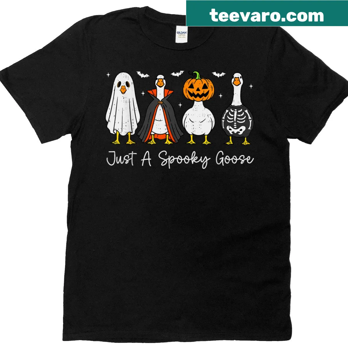 Funny Halloween shirt with a goose witch, pumpkin, ghost, and skeleton — on a men's t-shirt