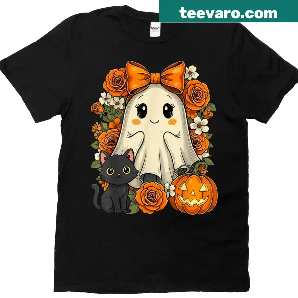 Kawaii ghost cat with pumpkins and flowers for Halloween