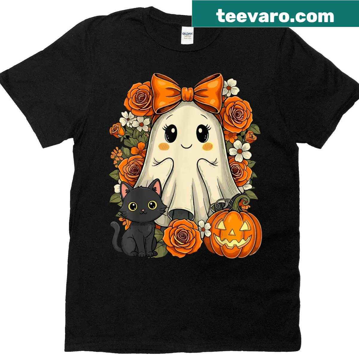 Kawaii ghost cat with pumpkins and flowers for Halloween — on a men's t-shirt