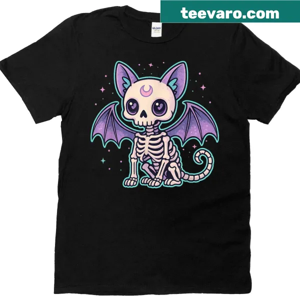 Kawaii Halloween t-shirt with cute cat bat skeleton design