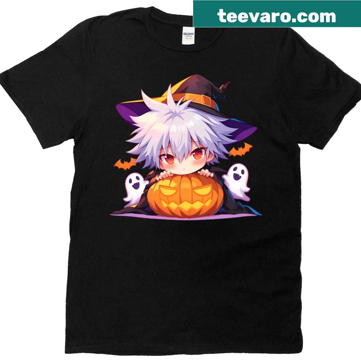 Kaworu Nagisa chibi T-shirt with Halloween theme and pumpkins. — on a men's t-shirt
