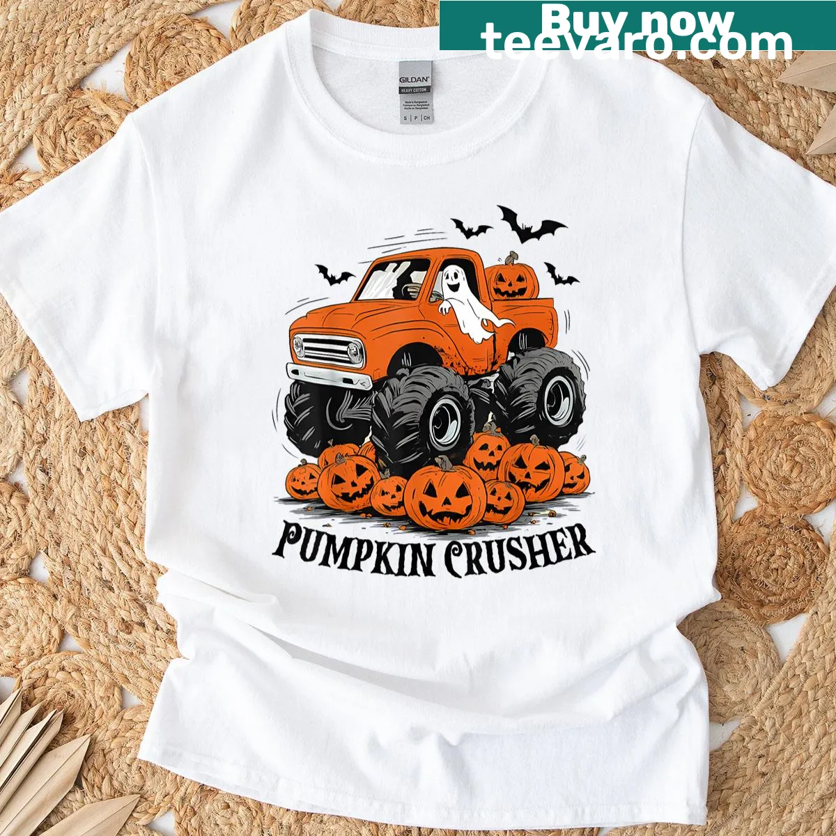 Monster truck crushing pumpkins graphic on toddler t-shirt — on a men's t-shirt