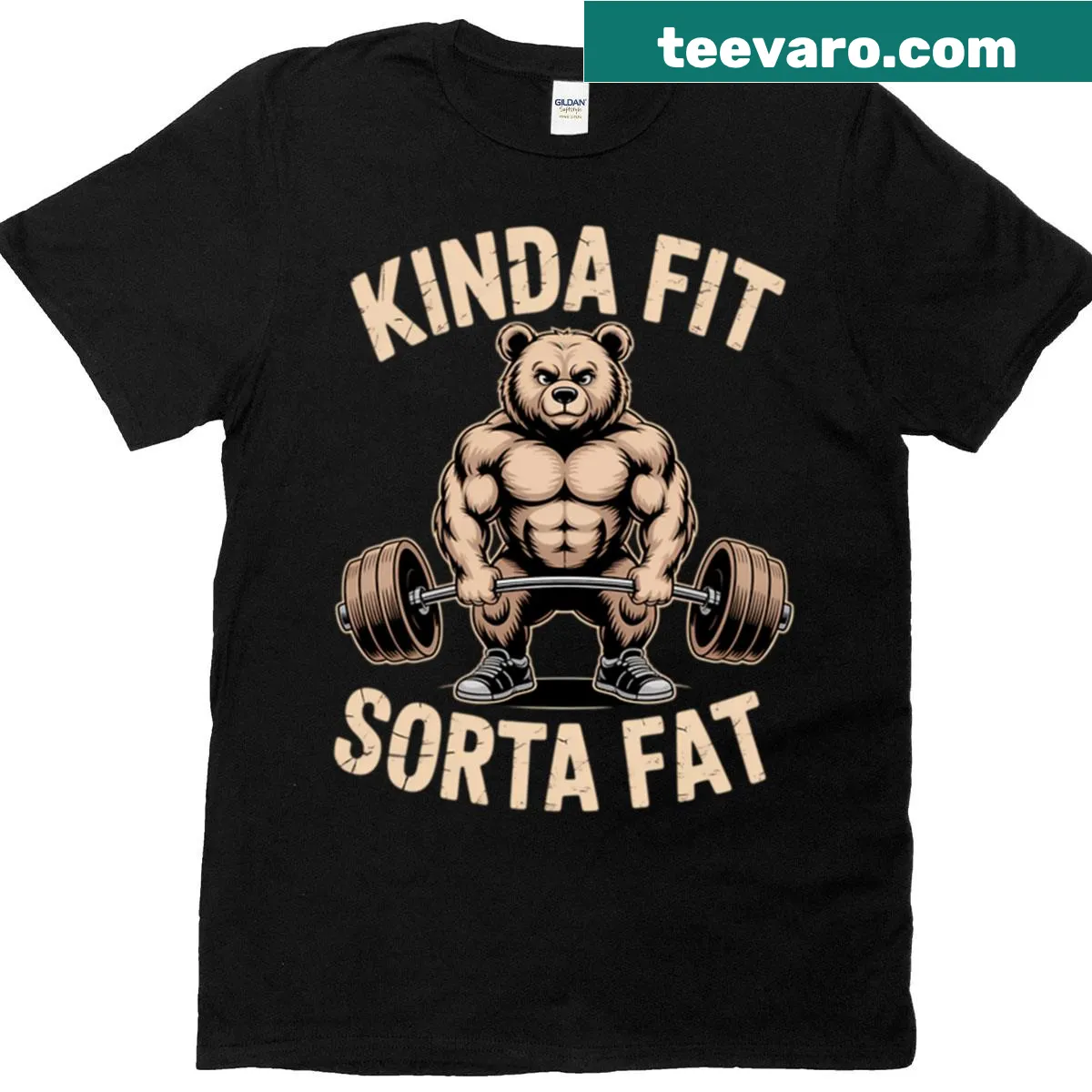 Funny Kinda Fit Sorta Fat t-shirt with playful typography. — on a men's t-shirt
