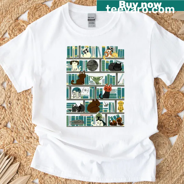 Whimsical T-shirt with cartoon kittens in a library setting