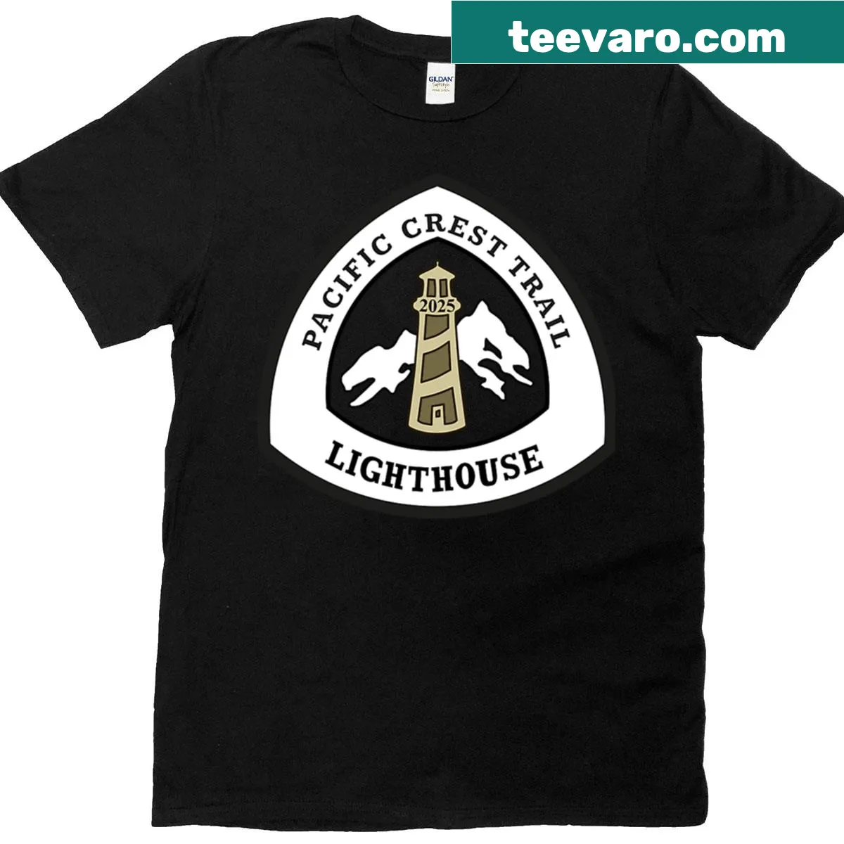 Official T-shirt featuring a lighthouse emblem for the 2025 Pct Trek — on a men's t-shirt