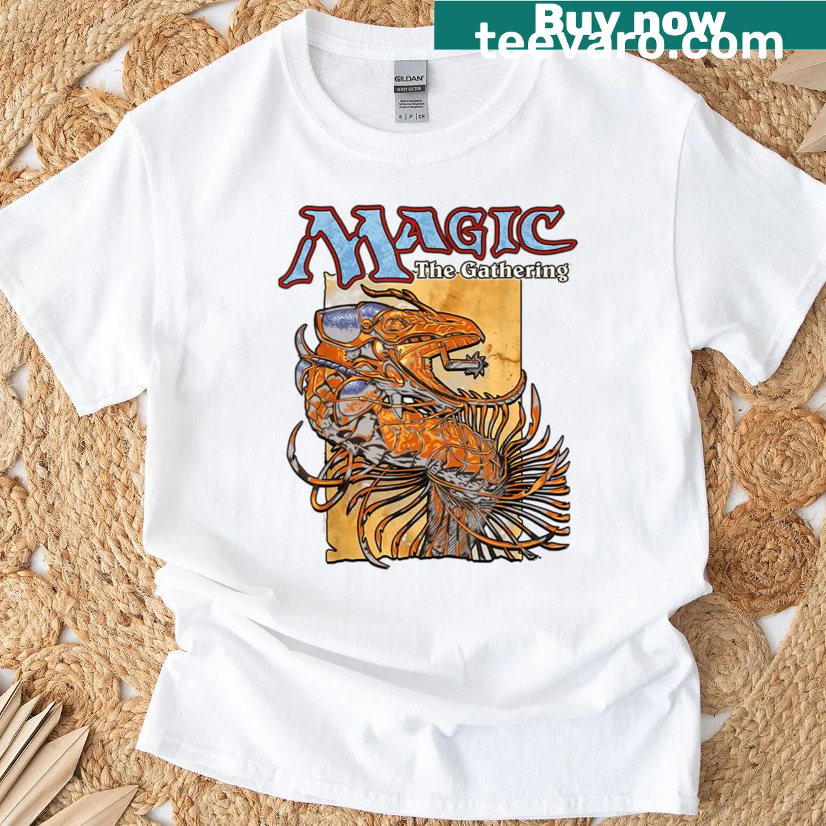 Magic: The Gathering themed t-shirt with iconic game imagery — on a men's t-shirt