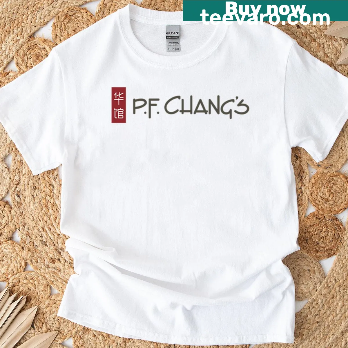Majestic P F Changs t-shirt with artistic sunrise glow graphic — on a men's t-shirt