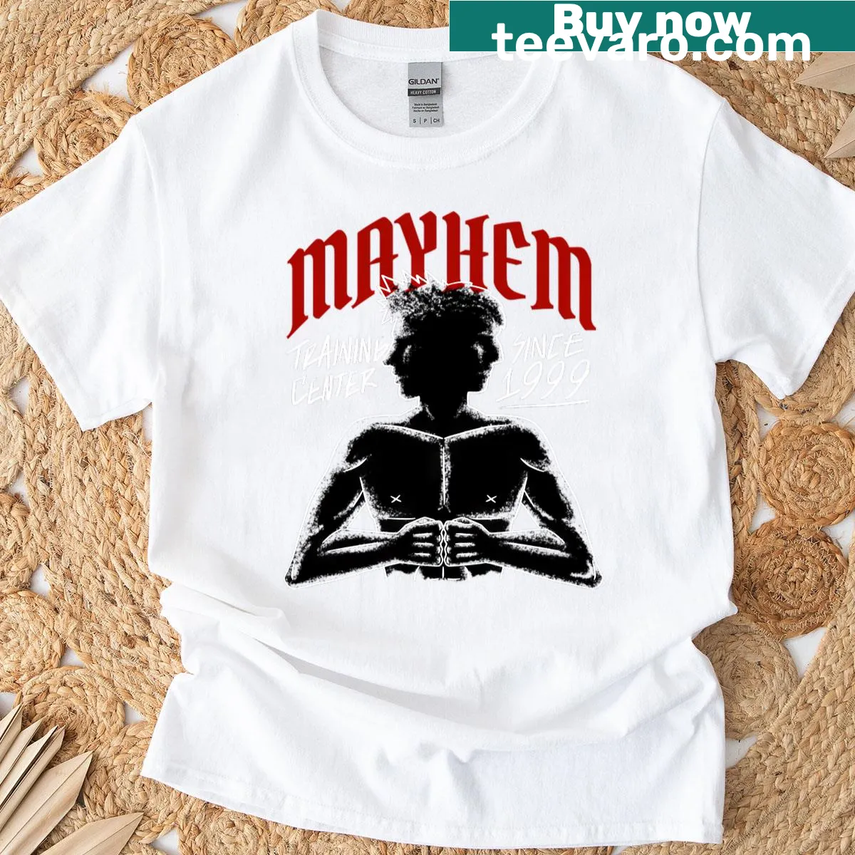 Mayhem Training Center T-shirt with bold logo design — on a men's t-shirt