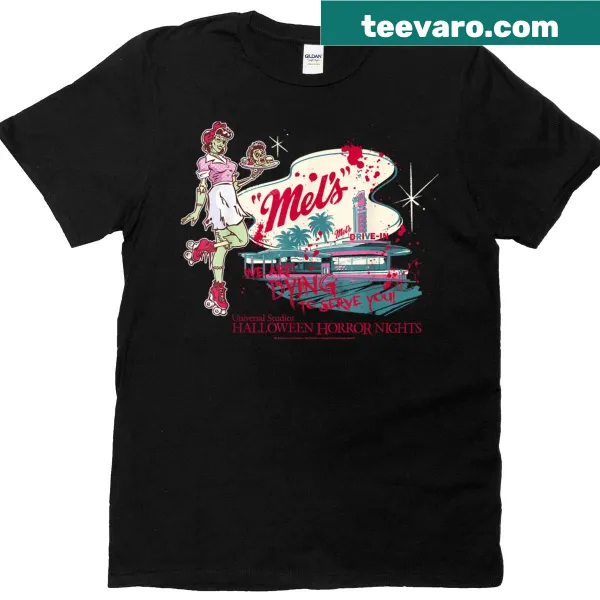 T-shirt with a humorous Mel's Drive-in Zombie Carhop graphic.