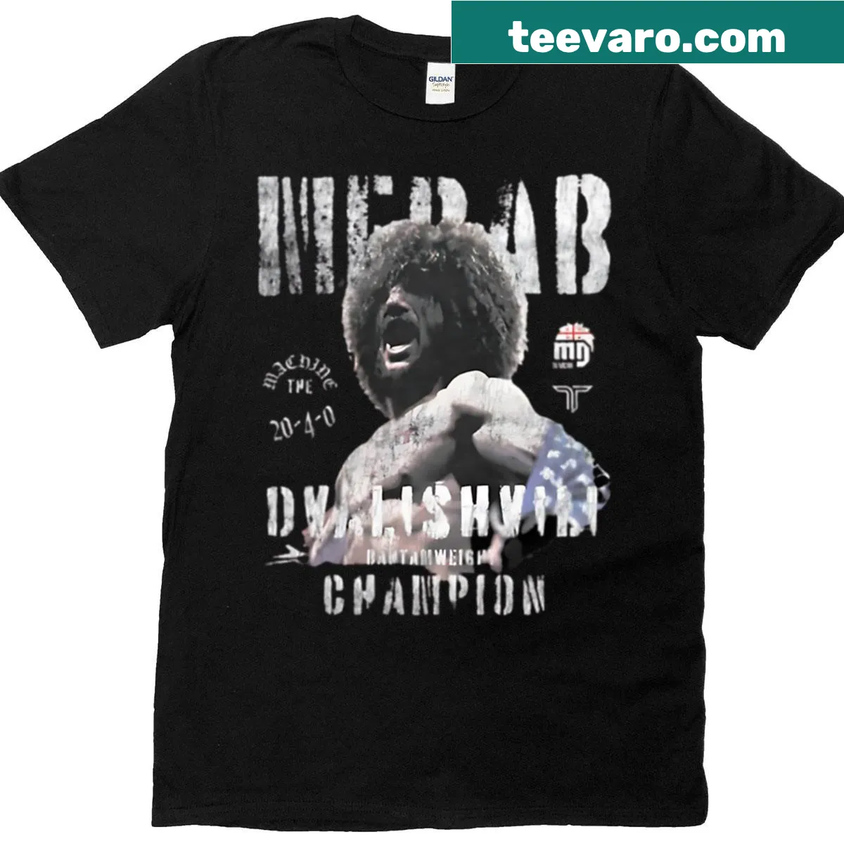 Champion-inspired T-shirt featuring Merab Dvalishvili's name. — on a men's t-shirt