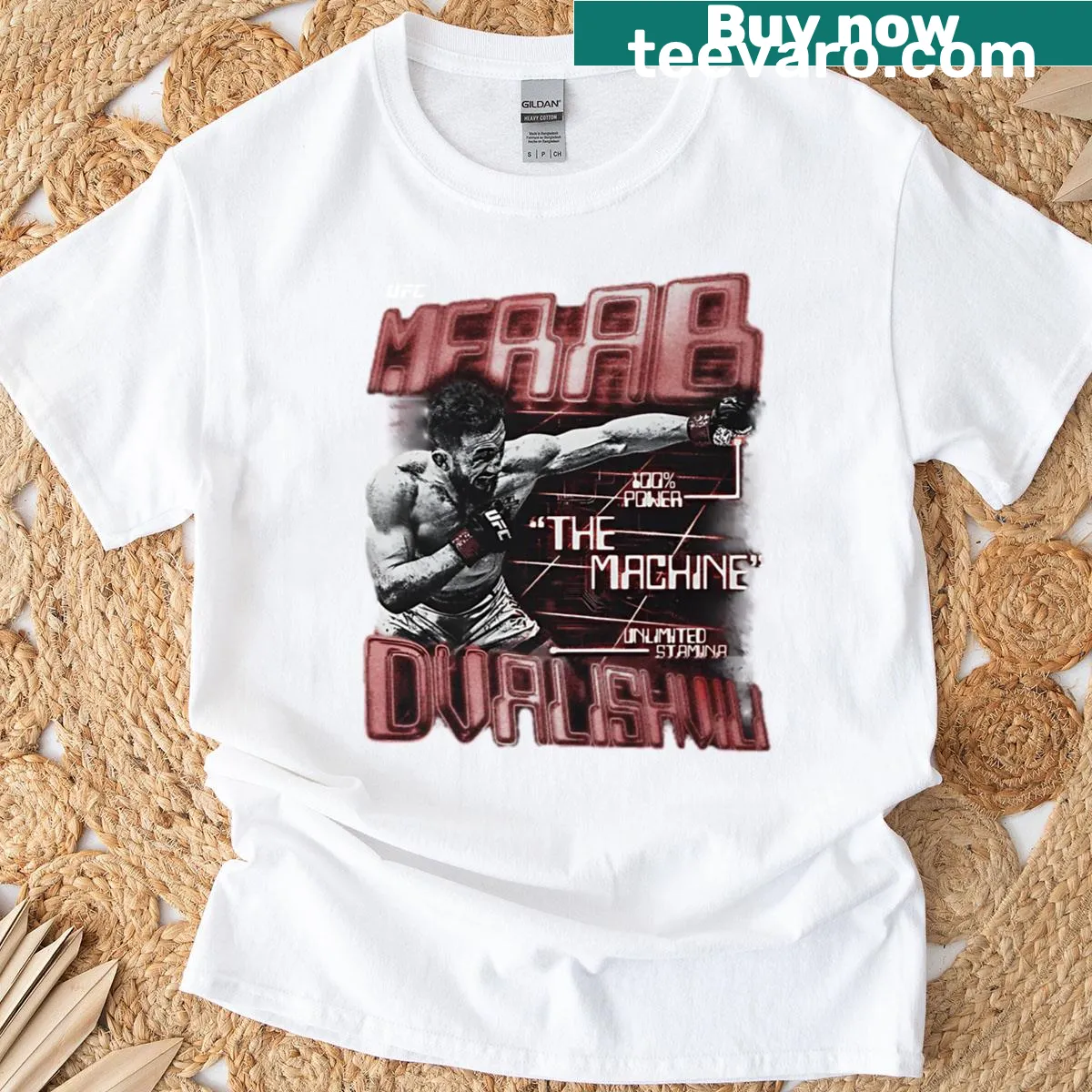 Typographic design featuring 'The Machine' with Merab Dvalishvili on a T-shirt. — on a men's t-shirt
