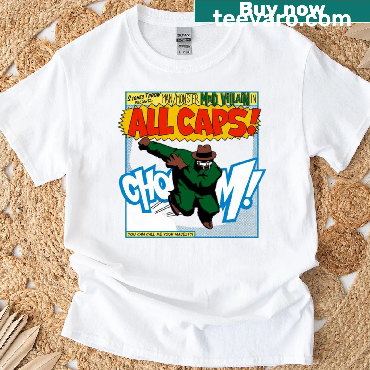 Bold typography T-shirt featuring 'All Caps' in tribute to MF Doom — on a men's t-shirt