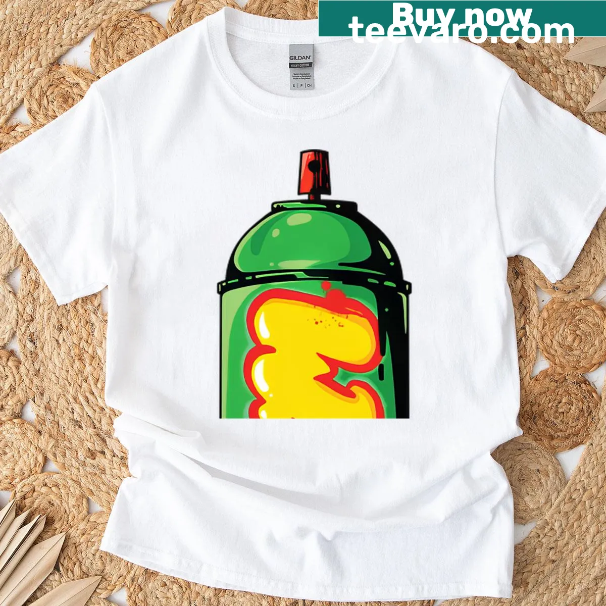 Edgy MF DOOM inspired t-shirt featuring a spray paint can design — on a men's t-shirt