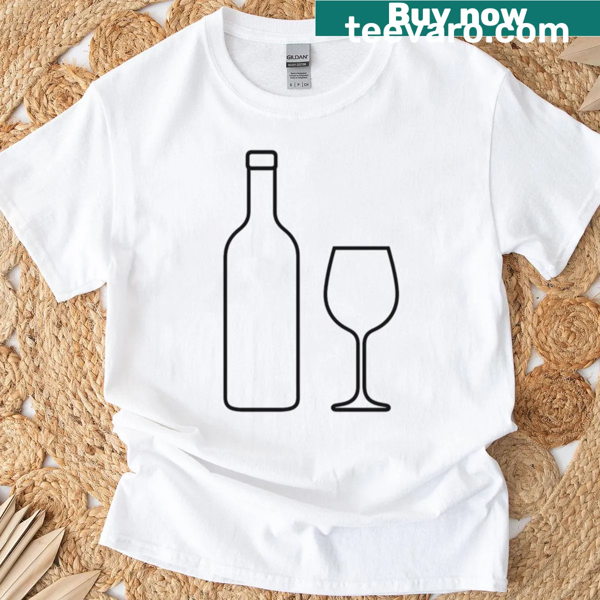 Minimal line art T-shirt with wine bottle and glass design — on a men's t-shirt
