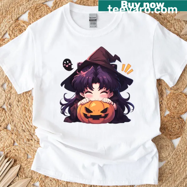 Chibi Misato Katsuragi Halloween T-shirt with witch and pumpkins
